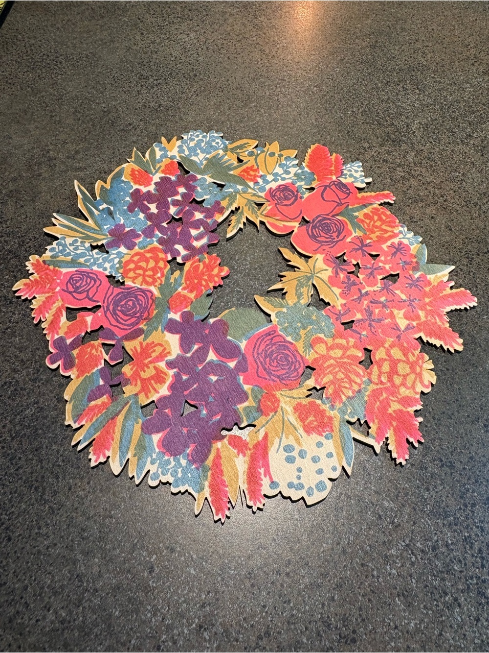 Wood- laser-cut and colorful printed FLOWER WREATH, 12” diameter